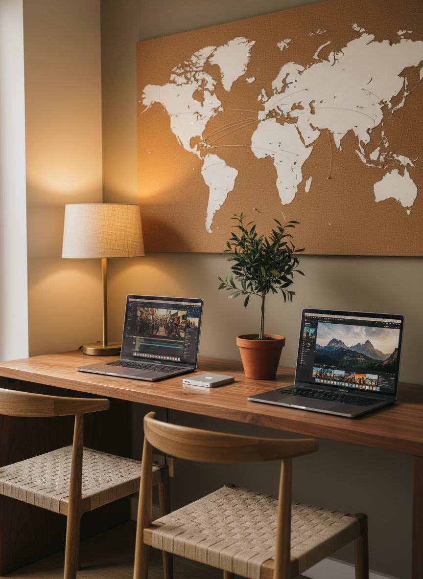 A cozy home workspace featuring a long walnut desk with two minimalist chairs side by side, each with a slim laptop open to a different frame of a travel video editing timeline. Between them sits a shared external hard drive, a small potted olive tree, and a stylish desk lamp with a linen shade casting a soft, warm glow. On the wall above, a large, pinned world map is dotted with understated metal markers connecting routes. Photographic realism, captured at an eye-level angle with sharp focus throughout, creating a serene, collaborative atmosphere that reflects Chris and Michi’s joint creative projects and sophisticated aesthetic.