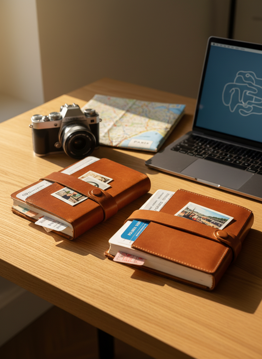 A pair of well-worn, high-end leather travel journals lying slightly open on a smooth oak table, each with pressed tickets and delicate photo prints tucked between the pages. Around them are a sleek mirrorless camera, a folded city map, and a slim laptop with a minimalist screensaver, all arranged neatly. Soft afternoon daylight pours in from an unseen window, creating gentle highlights on the leather grain and subtle shadows beneath the objects. Photographic realism with a clean, modern aesthetic, shot from a slightly elevated angle with a shallow depth of field, conveying a sophisticated, intimate mood of shared memories and thoughtful travel planning.