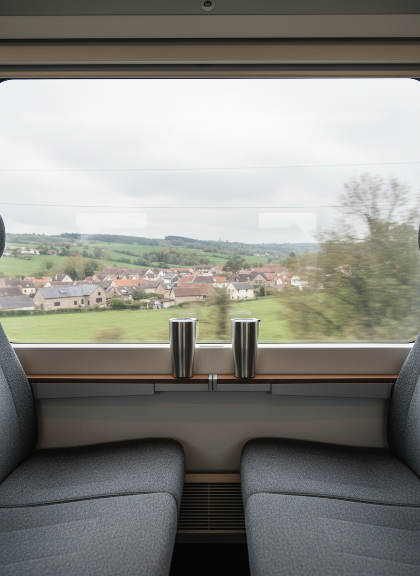 Two adjacent window seats on a modern train, their dark gray wool cushions impeccably neat, separated by a slim wooden armrest with two identical stainless steel travel tumblers resting side by side. Outside the large panoramic window, a European countryside of soft rolling hills and distant villages blurs by in motion. Diffused overcast light fills the cabin, creating a calm, even illumination with gentle reflections on the glass. Captured at eye level, rule-of-thirds composition, with photographic realism and subtle bokeh outside, evoking a serene, sophisticated atmosphere of shared journeys and quiet conversation without showing any passengers.