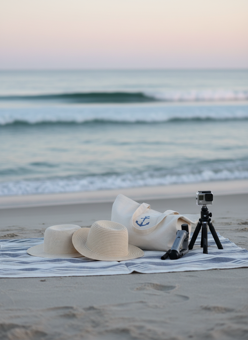 A serene early-morning beach scene captured in photographic realism: two neatly placed woven straw hats and a pair of matching canvas tote bags rest on a striped linen blanket, spread across smooth, pale sand. Nearby, a compact tripod, a folded gimbal, and a small action camera in a transparent case hint at upcoming vlogging. The sea stretches out in the background, softly blurred, with gentle waves catching the first cool blue-pink light of dawn. Shot from a low, slightly angled perspective with a shallow depth of field, the mood is tranquil and anticipatory, reflecting a sophisticated yet relaxed travel ritual for the couple.