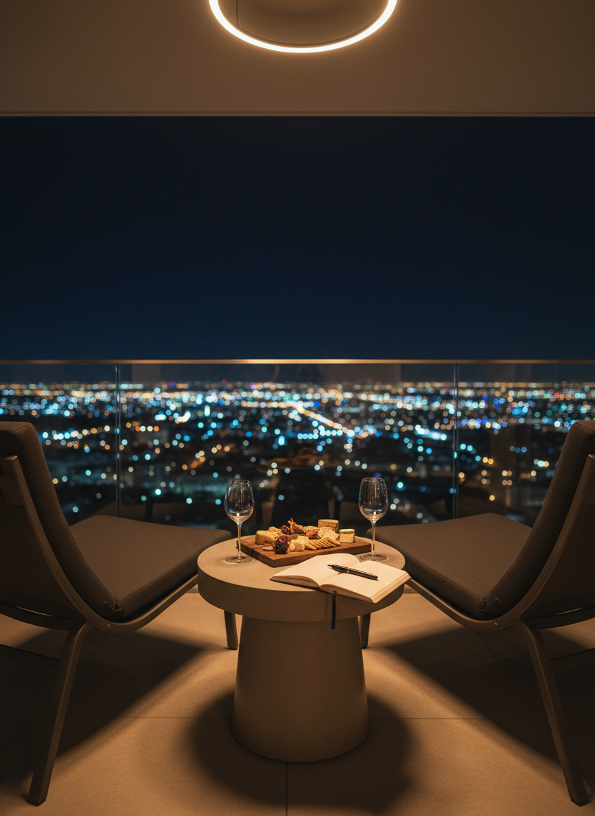 A minimalist hotel balcony overlooking a luminous nighttime city skyline, with two sleek outdoor chairs angled slightly toward each other and a small round table between them. On the table, a shared cheese board, two slender stemless wine glasses, and an open notebook with a fine-point pen resting diagonally across the page. The city below glows with bokeh lights in gold and cool blue, while a subtle overhead fixture casts a warm halo over the balcony. Photographic realism, shot from behind the chairs at a low angle, emphasizing depth and intimacy, creating a sophisticated, cinematic mood of quiet reflection after a day of travel.