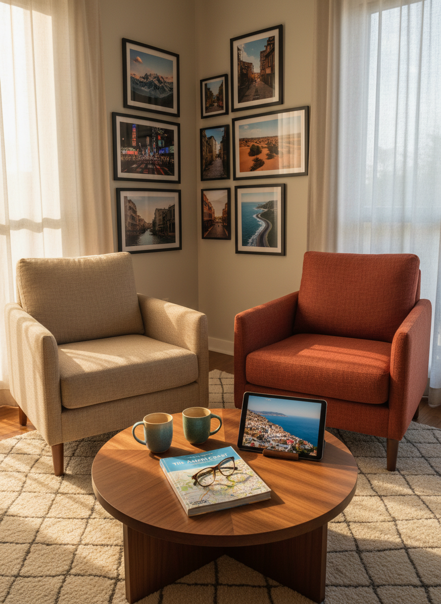 A small, impeccably styled living room corner featuring two complementary armchairs in muted earth tones facing each other across a low walnut coffee table. On the table rest two matching ceramic mugs, an open travel guide, and a tablet displaying a paused video frame of a coastal cityscape. Behind, a gallery wall of framed travel photographs—mountains, city skylines, and street scenes—creates a curated backdrop. Golden hour light streams through sheer curtains, casting warm, elongated shadows across the textured rug. Photographic realism, shot from a slightly elevated, wide-angle perspective, with a calm, sophisticated mood that suggests Chris and Michi’s daily life, planning future adventures together.