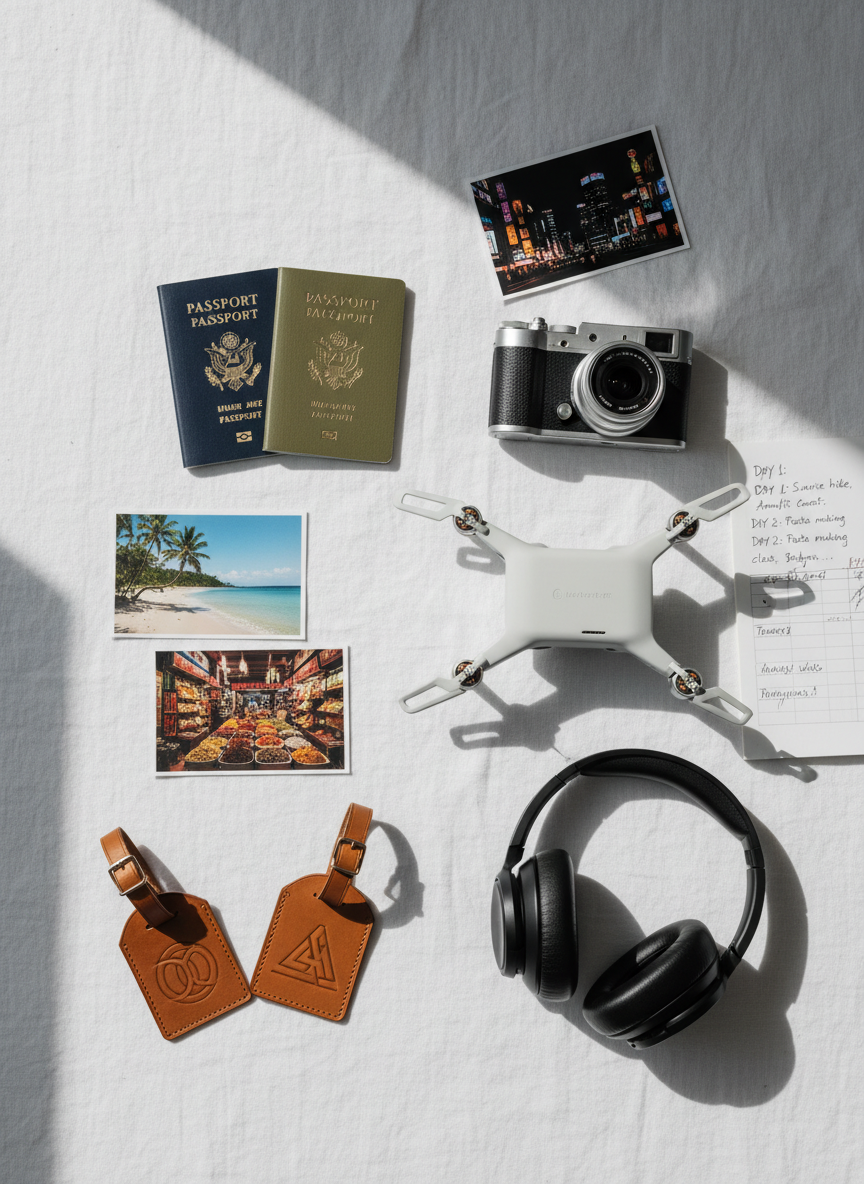 An overhead photographic view of a neatly arranged flat lay on crisp white linen: two passports with different colored covers, a slim silver camera, a compact drone with folded arms, noise-canceling headphones, and a pair of matching leather luggage tags embossed with simple geometric symbols instead of initials. Interspersed are printed stills from travel vlogs—beaches, markets, and city nights—alongside a handwritten itinerary page. Soft morning light from the left creates delicate shadows and reveals textures in the linen and leather. Photographic realism with a clean, editorial feel, evoking a sophisticated, organized approach to capturing and sharing couple travel experiences.